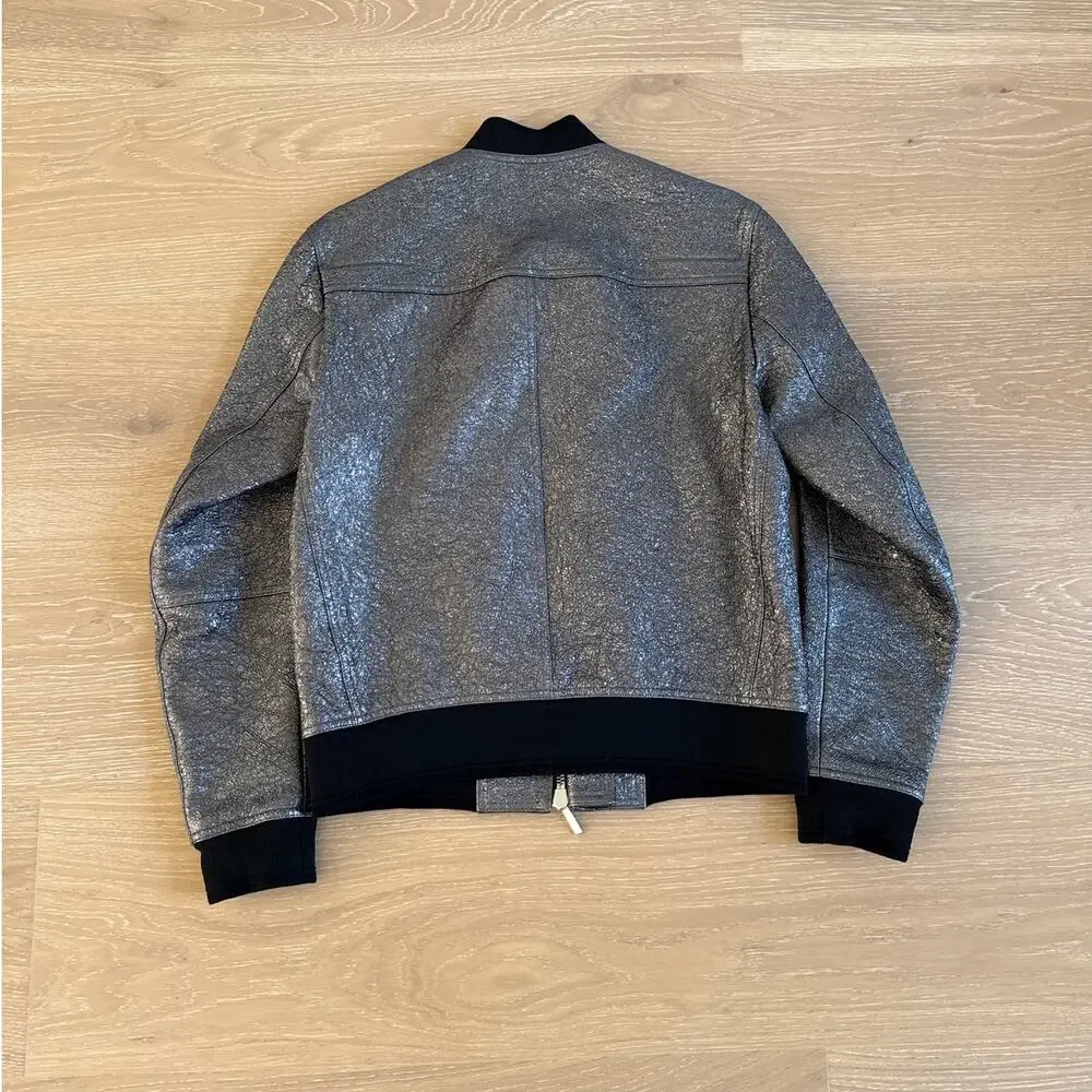 Dior Lambskin Leather Zip Up Bomber Jacket Metallic Coating Size EU 48 Silver